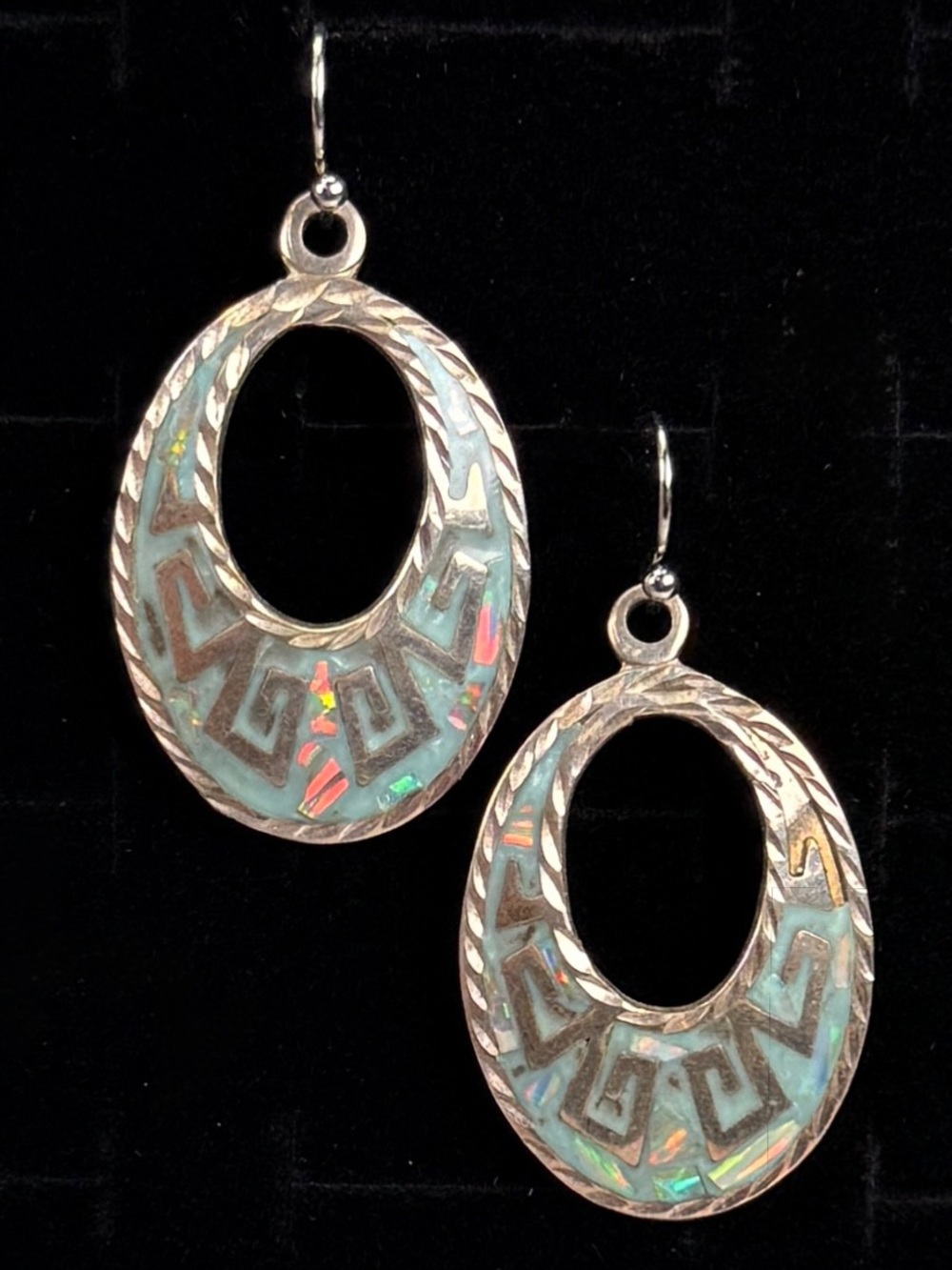 Vintage Mexico Silver Tone Inlay Oval Dangle Earrings